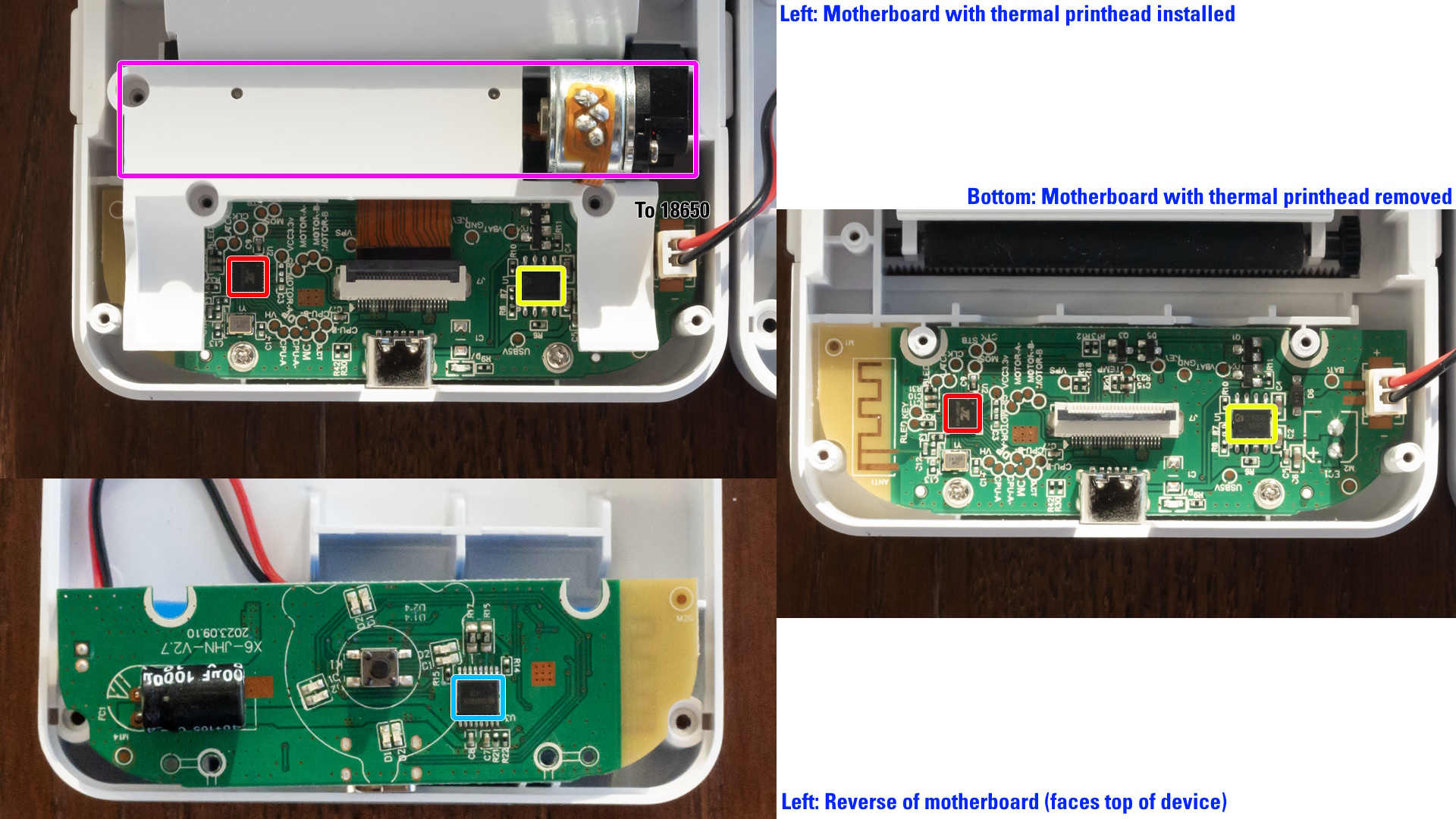 A mosaic image of the front of the motherboard with the printhead, without it, and of the reverse