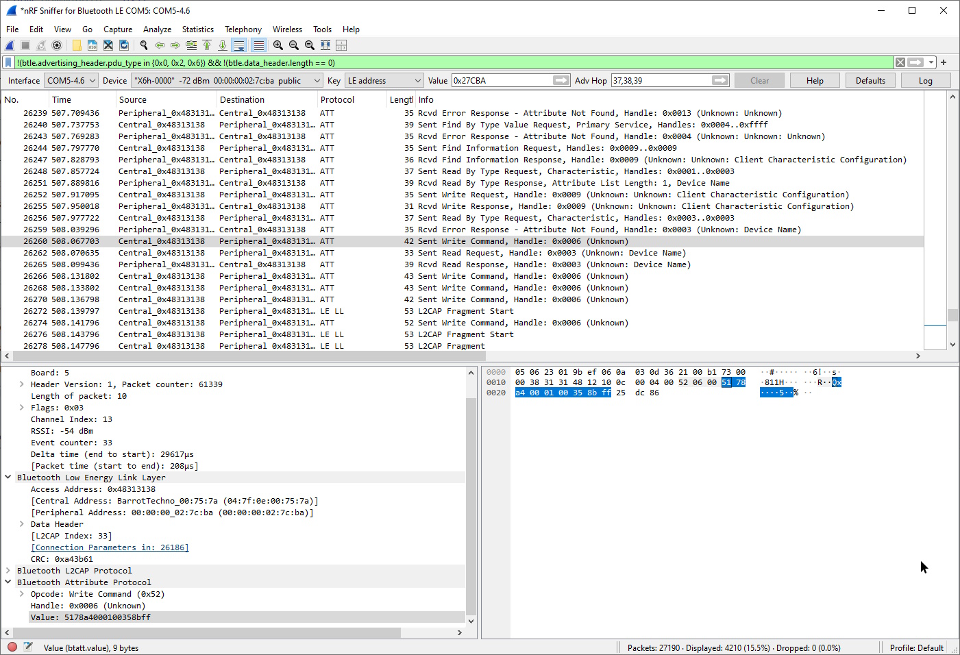 A wireshark screenshot of the BLE packets