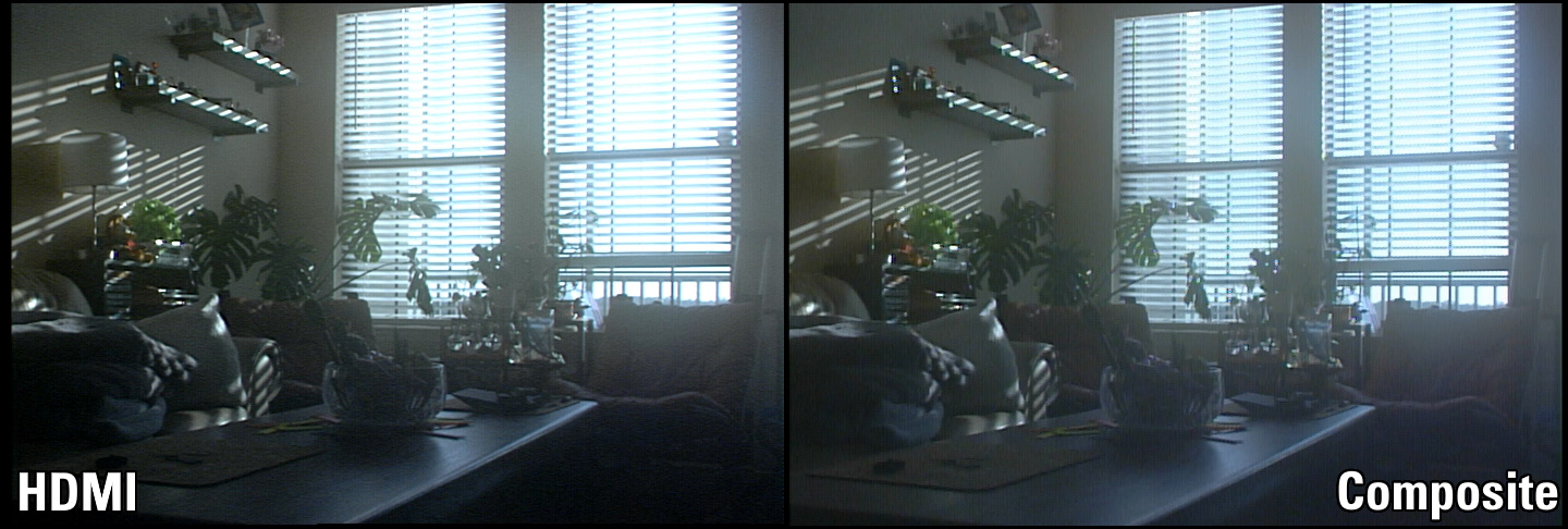 A screenshot of a dimly lit room with bright windows captured over both composite and HDMI