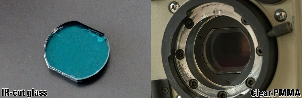 A picture of the IR-cut filter on the left, and a picture of the PMMA replacement on the right