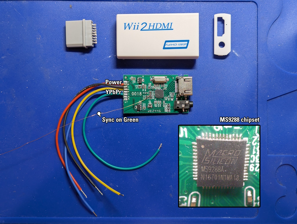 The Wii2HDMI module, disassembled, with the Wii connector replaced with hookup wire